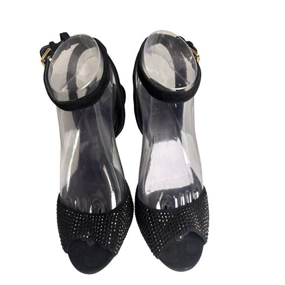 Tory Burch Black Suede Crystal Embellishments Wedge Sandals Sz 7 M Glam Mob Wife - Picture 14 of 16